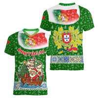 Portugal Christmas Women V-Neck T-Shirt with Green Red Santa Ship Tree and Coat of Arms - Wonder Print Shop