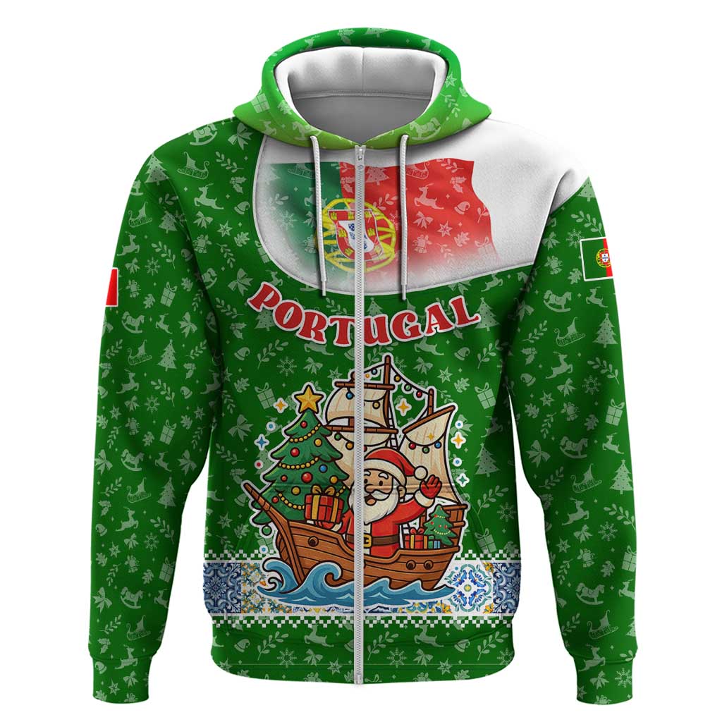 Portugal Christmas Zip Hoodie with Green Red Santa Ship Tree and Coat of Arms - Wonder Print Shop