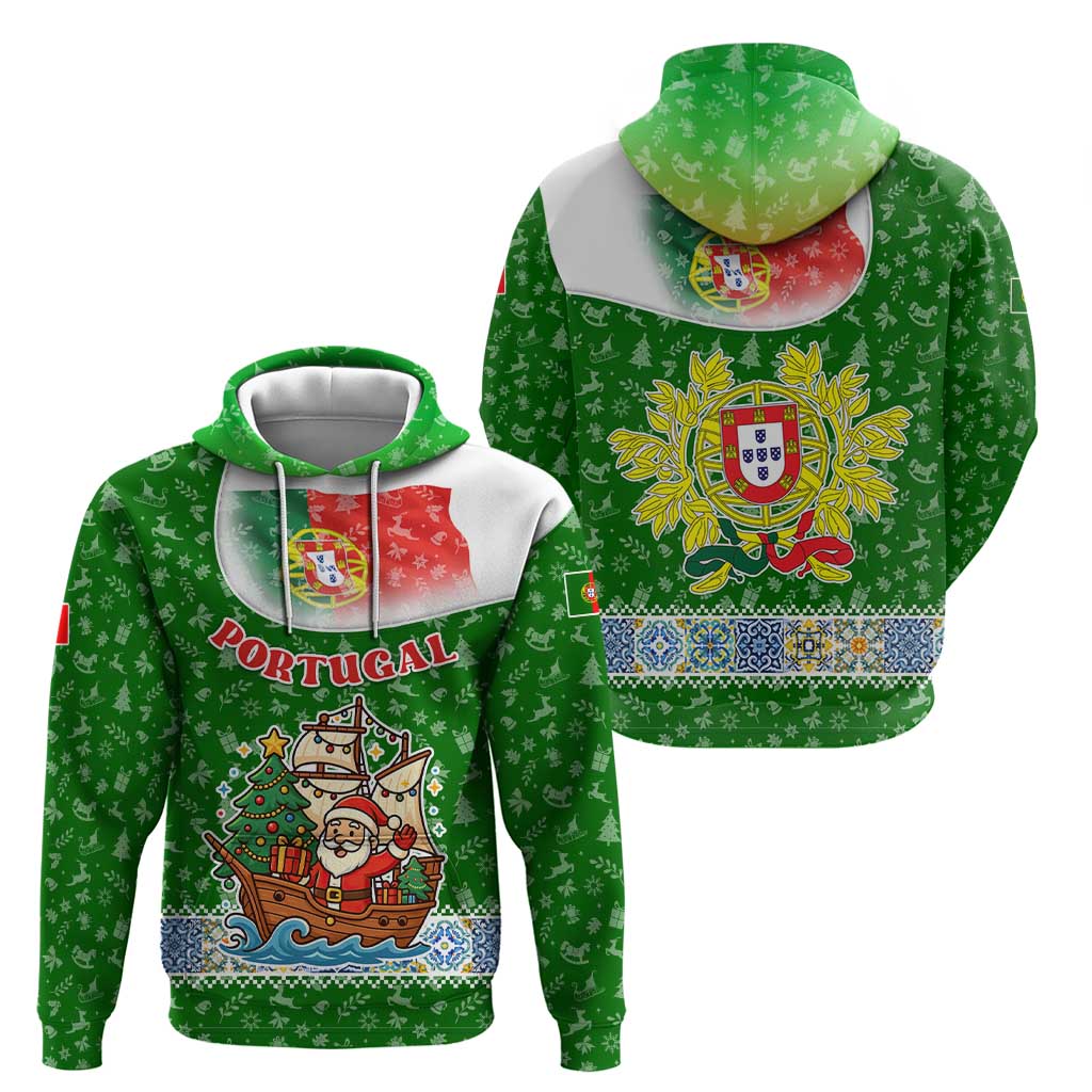 Portugal Christmas Zip Hoodie with Green Red Santa Ship Tree and Coat of Arms - Wonder Print Shop