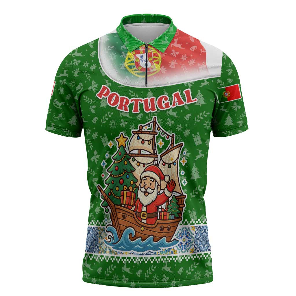 Portugal Christmas Zipper Polo Shirt with Green Red Santa Ship Tree and Coat of Arms - Wonder Print Shop