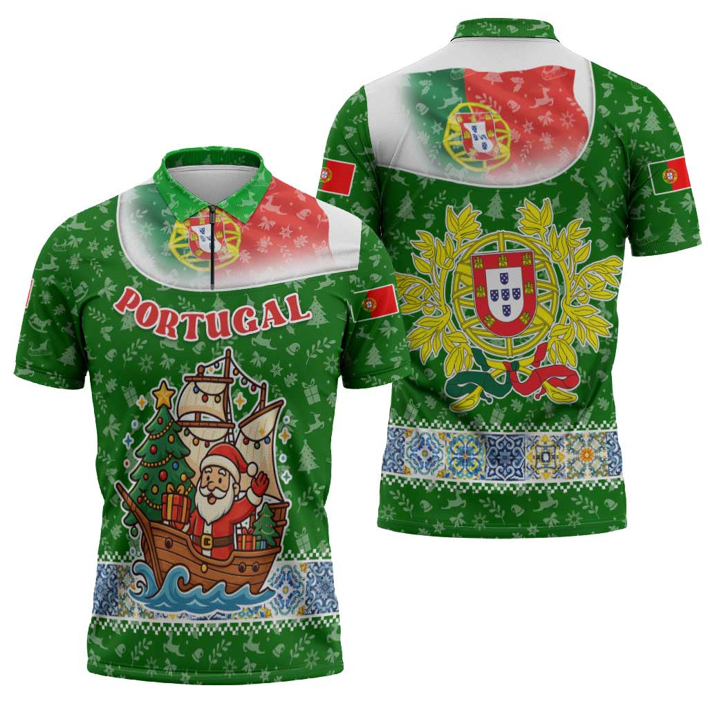 Portugal Christmas Zipper Polo Shirt with Green Red Santa Ship Tree and Coat of Arms - Wonder Print Shop