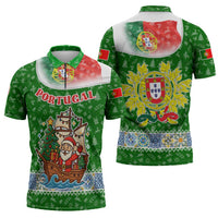 Portugal Christmas Zipper Polo Shirt with Green Red Santa Ship Tree and Coat of Arms - Wonder Print Shop