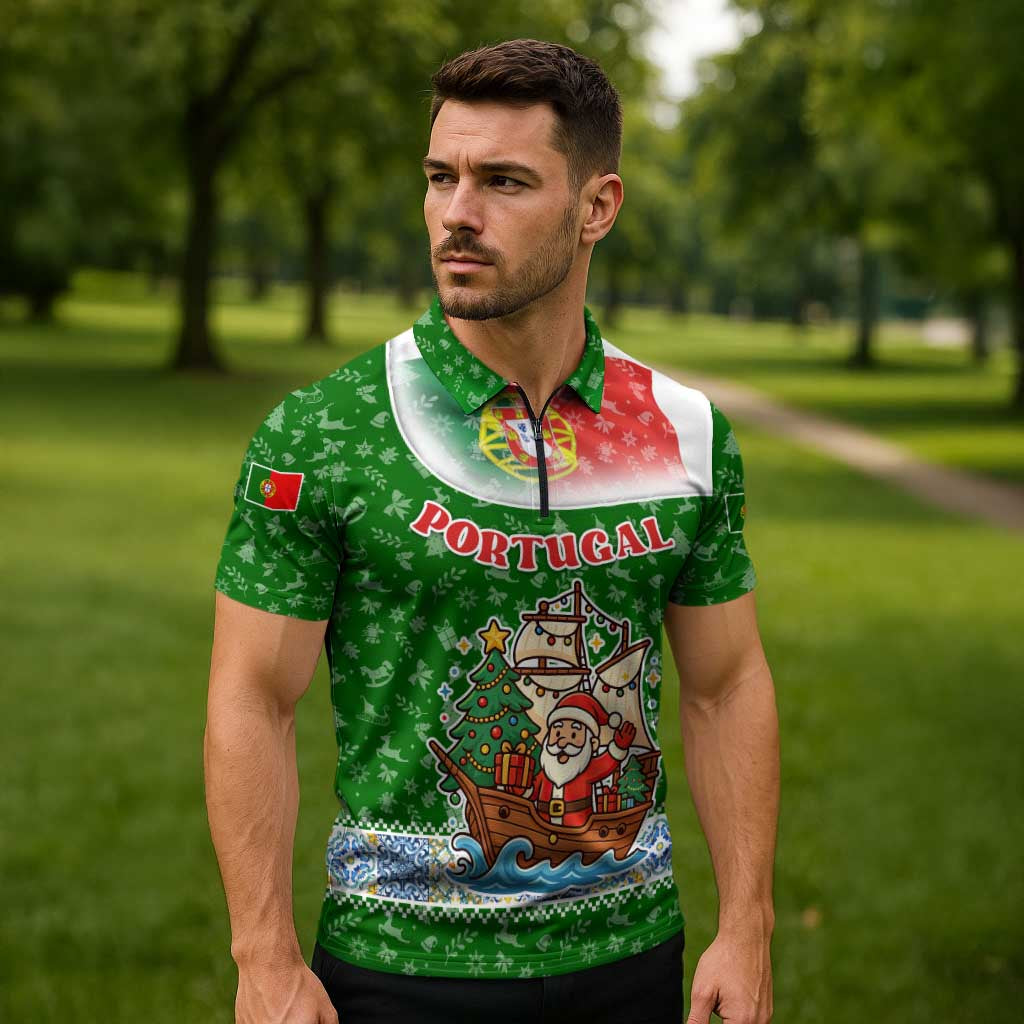 Portugal Christmas Zipper Polo Shirt with Green Red Santa Ship Tree and Coat of Arms - Wonder Print Shop