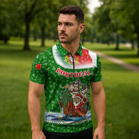 Portugal Christmas Zipper Polo Shirt with Green Red Santa Ship Tree and Coat of Arms - Wonder Print Shop