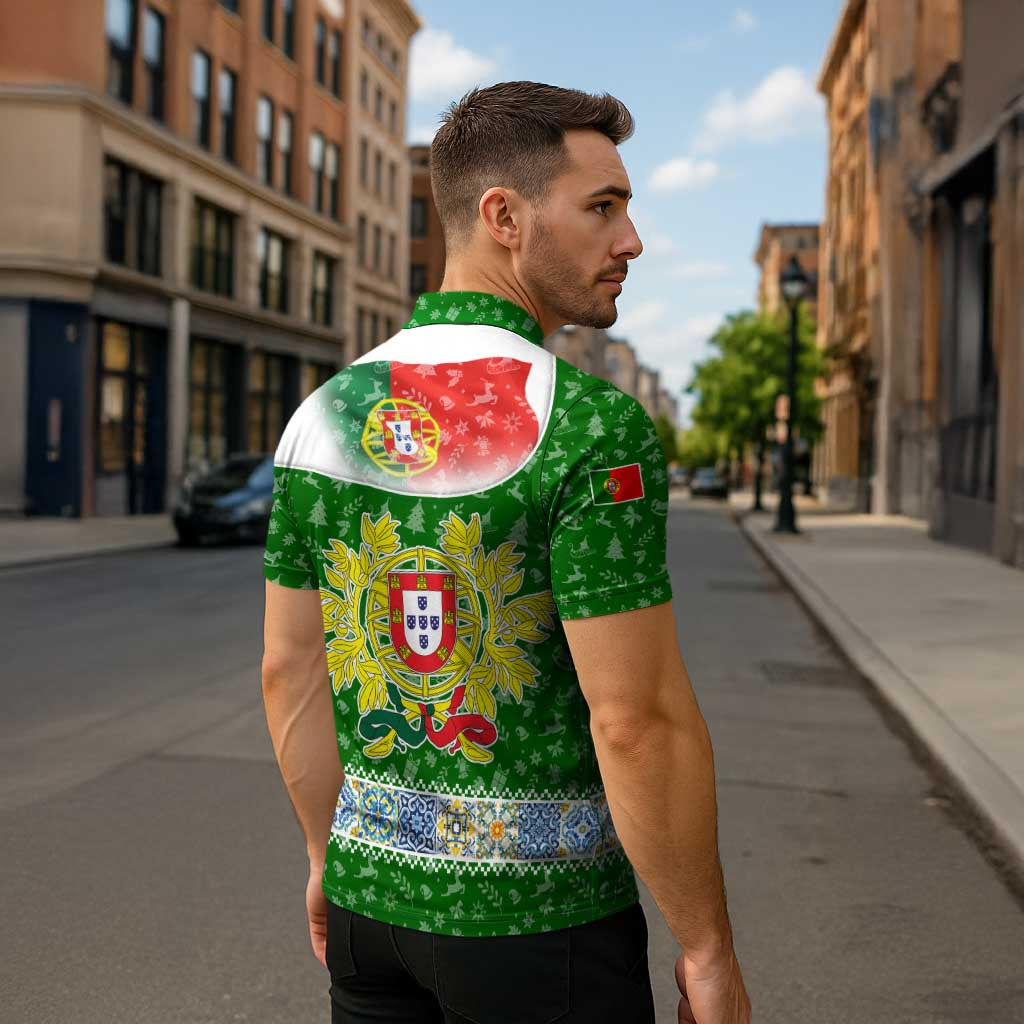 Portugal Christmas Zipper Polo Shirt with Green Red Santa Ship Tree and Coat of Arms - Wonder Print Shop