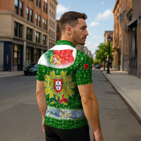 Portugal Christmas Zipper Polo Shirt with Green Red Santa Ship Tree and Coat of Arms - Wonder Print Shop