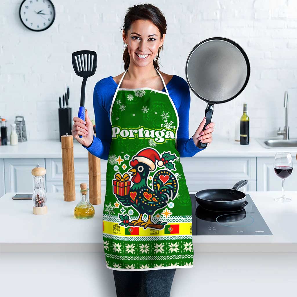 Portugal Christmas Apron with Green Galo de Barcelos Rooster Santa Hat and Gift - Wonder Print Shop