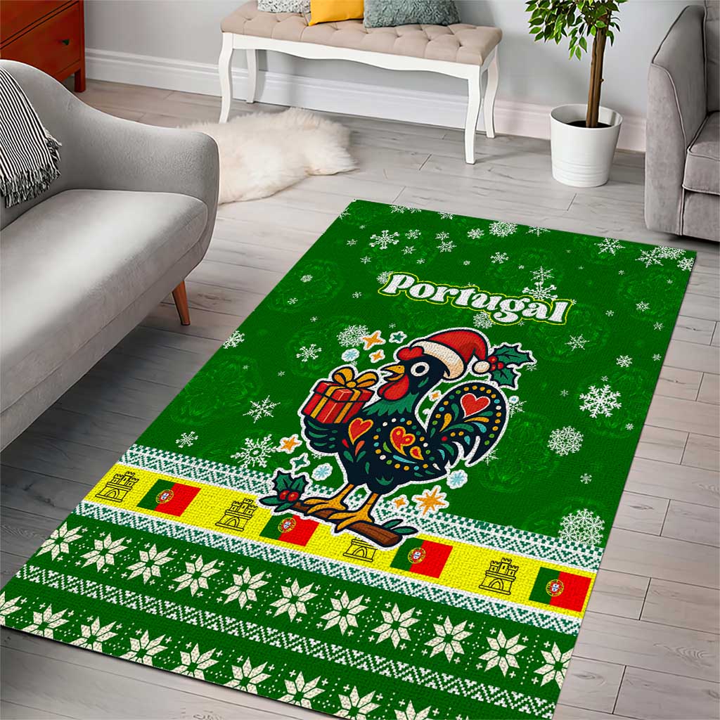 Portugal Christmas Area Rug with Green Galo de Barcelos Rooster Santa Hat and Gift - Wonder Print Shop