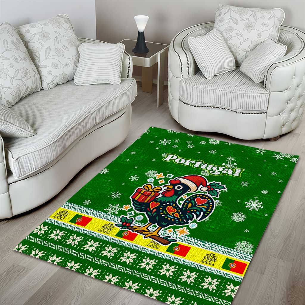Portugal Christmas Area Rug with Green Galo de Barcelos Rooster Santa Hat and Gift - Wonder Print Shop