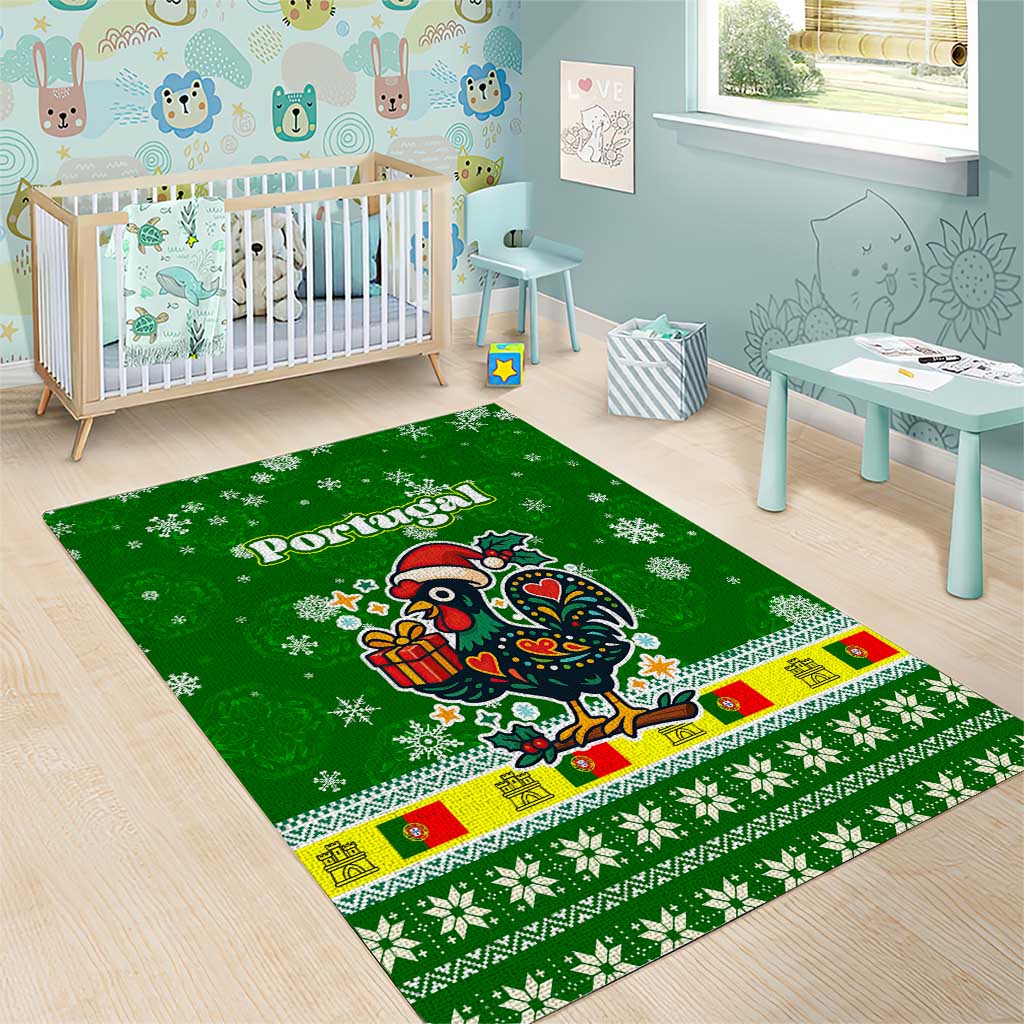 Portugal Christmas Area Rug with Green Galo de Barcelos Rooster Santa Hat and Gift - Wonder Print Shop