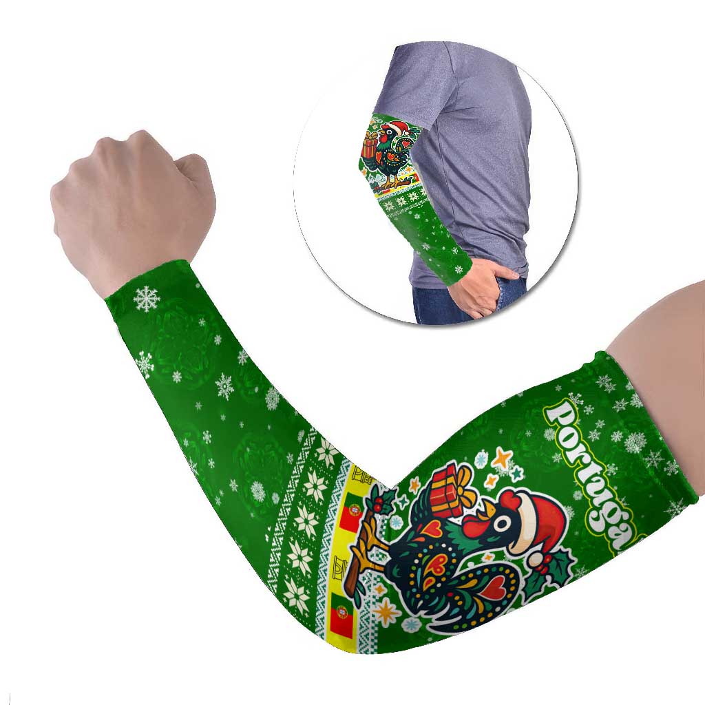 Portugal Christmas Arm Sleeves with Green Galo de Barcelos Rooster Santa Hat and Gift - Wonder Print Shop