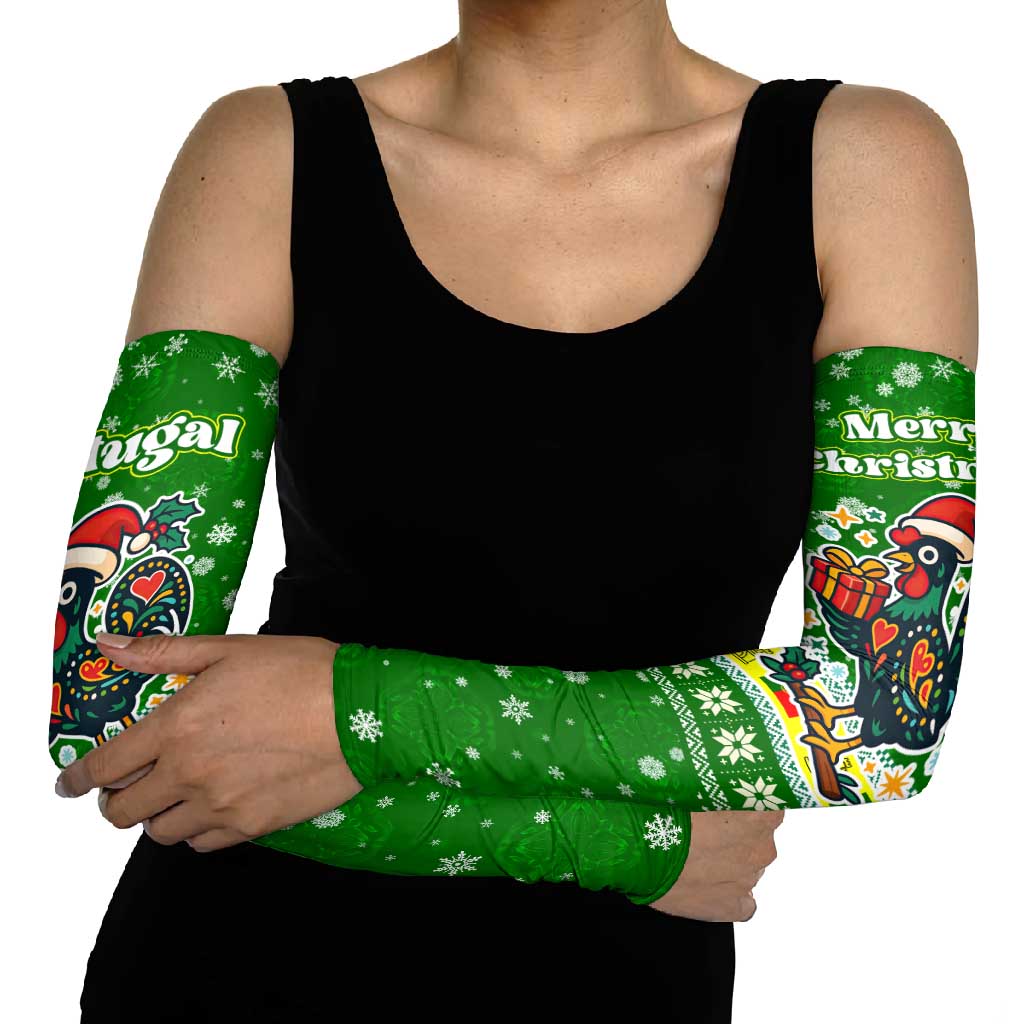 Portugal Christmas Arm Sleeves with Green Galo de Barcelos Rooster Santa Hat and Gift - Wonder Print Shop