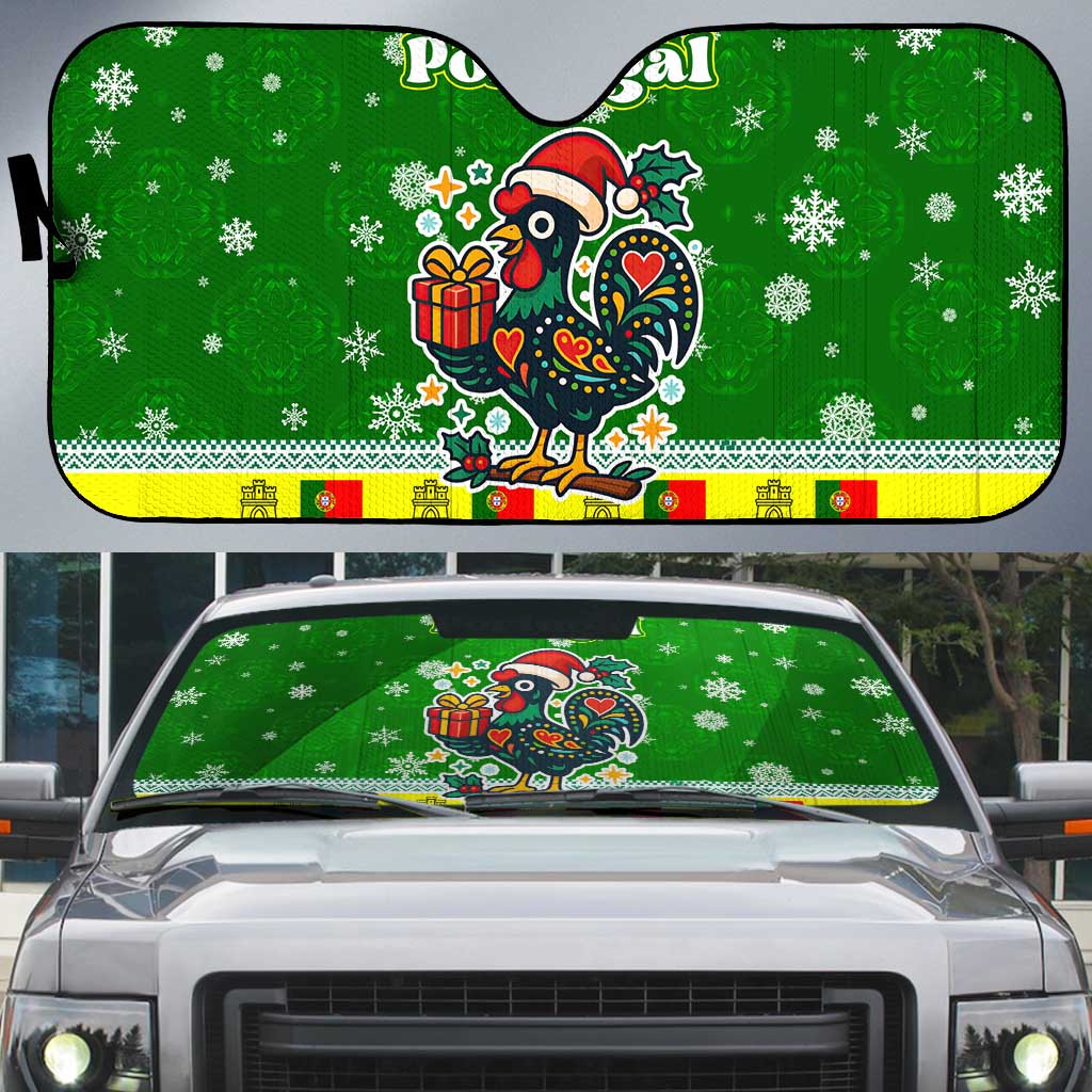 Portugal Christmas Auto Sun Shade with Green Galo de Barcelos Rooster Santa Hat and Gift - Wonder Print Shop