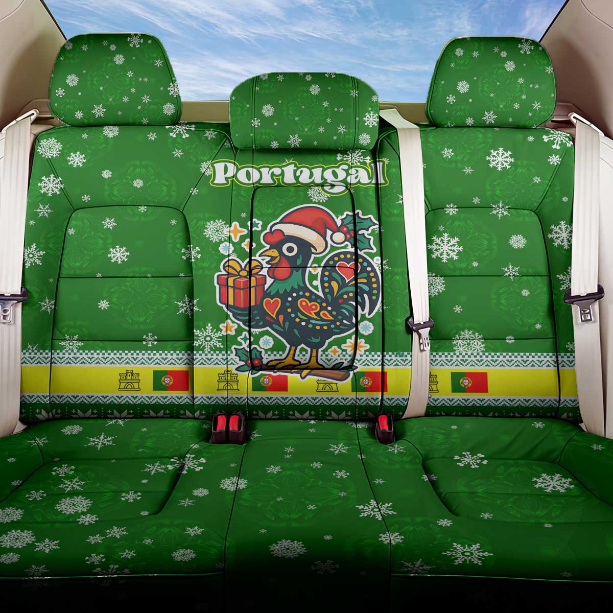 Portugal Christmas Back Car Seat Cover with Green Galo de Barcelos Rooster Santa Hat and Gift - Wonder Print Shop