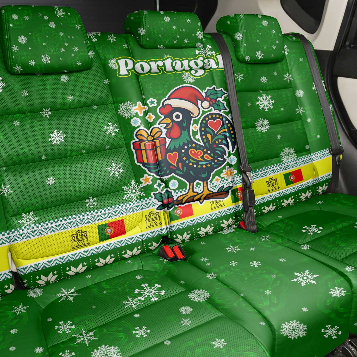 Portugal Christmas Back Car Seat Cover with Green Galo de Barcelos Rooster Santa Hat and Gift - Wonder Print Shop