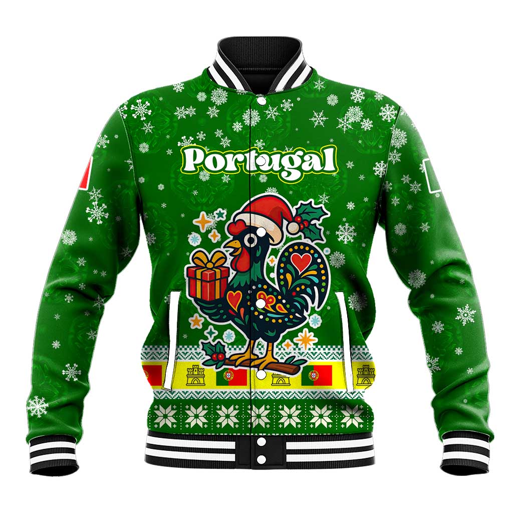Portugal Christmas Baseball Jacket with Green Galo de Barcelos Rooster Santa Hat and Gift - Wonder Print Shop
