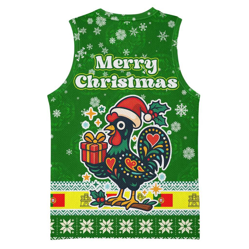 Portugal Christmas Basketball Jersey with Green Galo de Barcelos Rooster Santa Hat and Gift - Wonder Print Shop