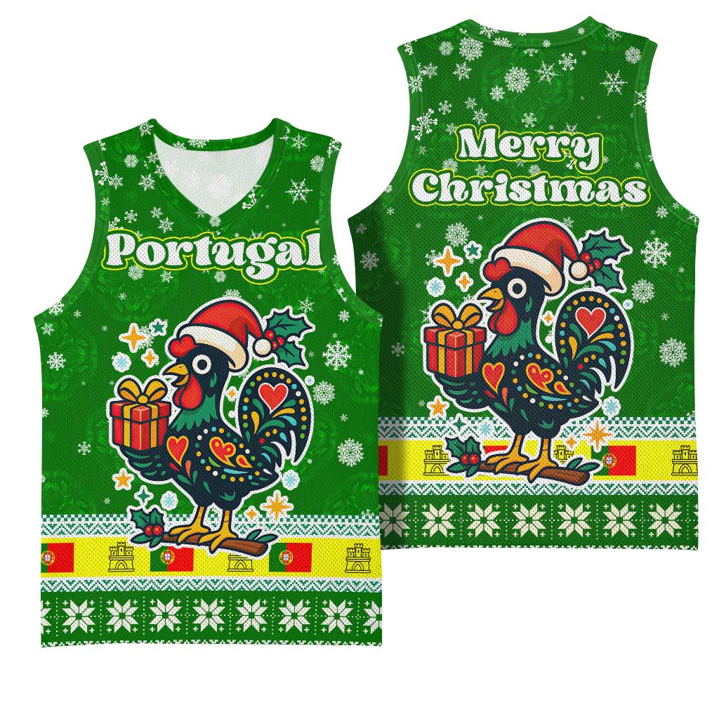 Portugal Christmas Basketball Jersey with Green Galo de Barcelos Rooster Santa Hat and Gift - Wonder Print Shop
