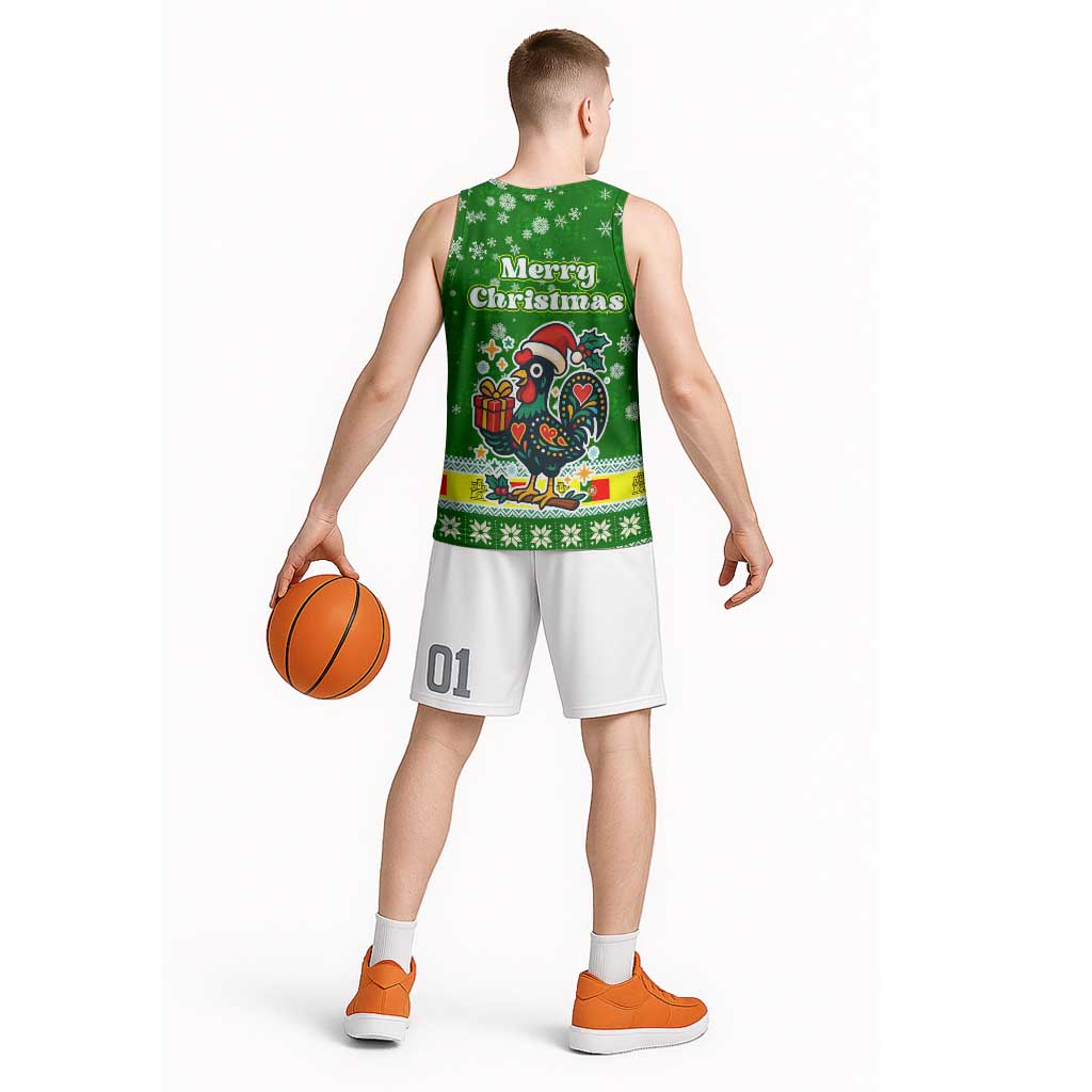 Portugal Christmas Basketball Jersey with Green Galo de Barcelos Rooster Santa Hat and Gift - Wonder Print Shop