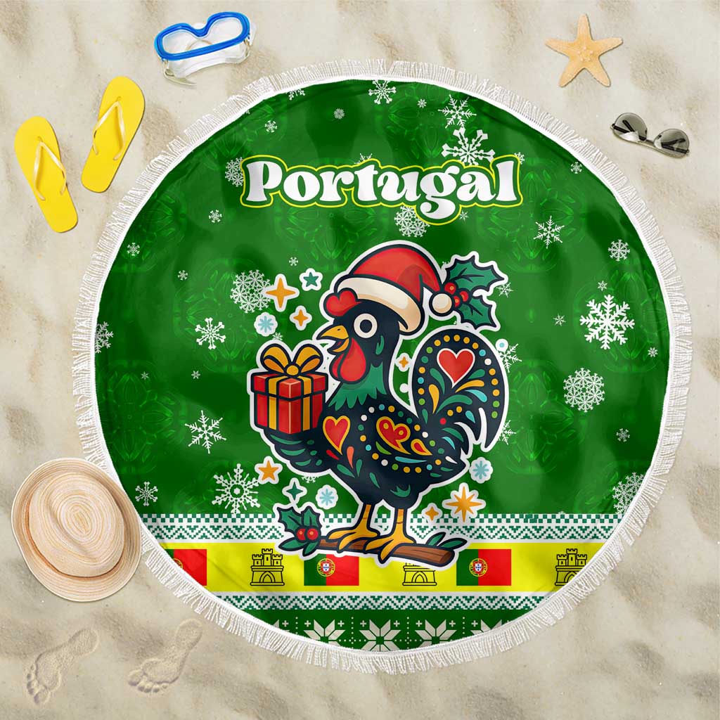 Portugal Christmas Beach Blanket with Green Galo de Barcelos Rooster Santa Hat and Gift - Wonder Print Shop
