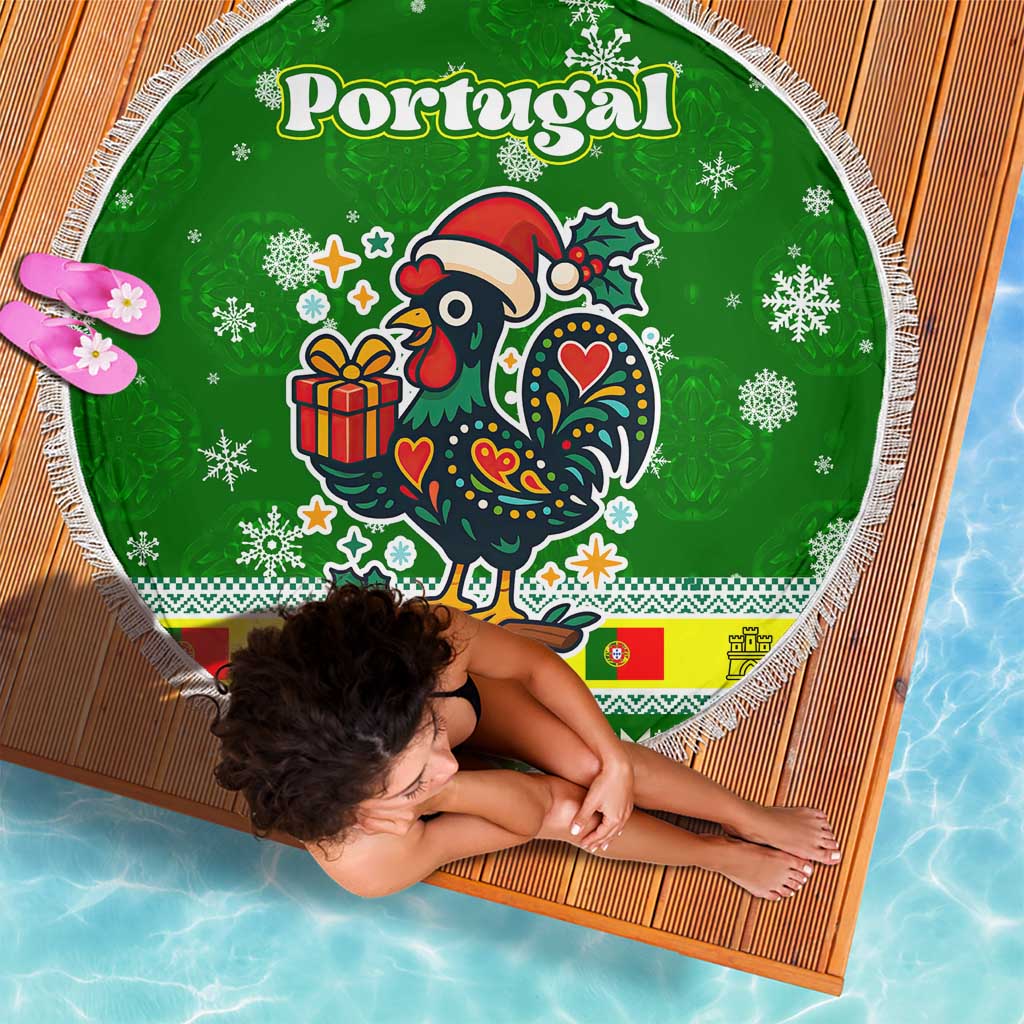 Portugal Christmas Beach Blanket with Green Galo de Barcelos Rooster Santa Hat and Gift - Wonder Print Shop