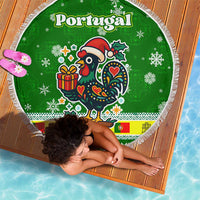 Portugal Christmas Beach Blanket with Green Galo de Barcelos Rooster Santa Hat and Gift - Wonder Print Shop