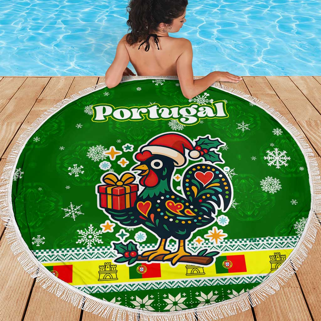 Portugal Christmas Beach Blanket with Green Galo de Barcelos Rooster Santa Hat and Gift - Wonder Print Shop