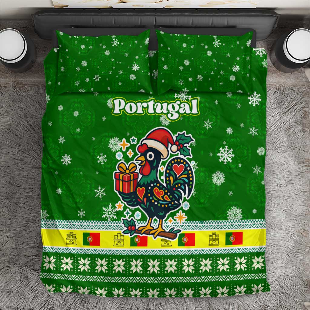 Portugal Christmas Bedding Set with Green Galo de Barcelos Rooster Santa Hat and Gift - Wonder Print Shop