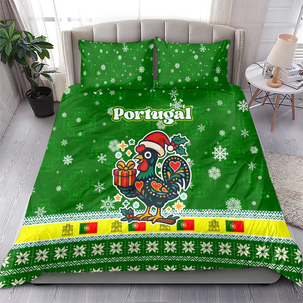Portugal Christmas Bedding Set with Green Galo de Barcelos Rooster Santa Hat and Gift - Wonder Print Shop