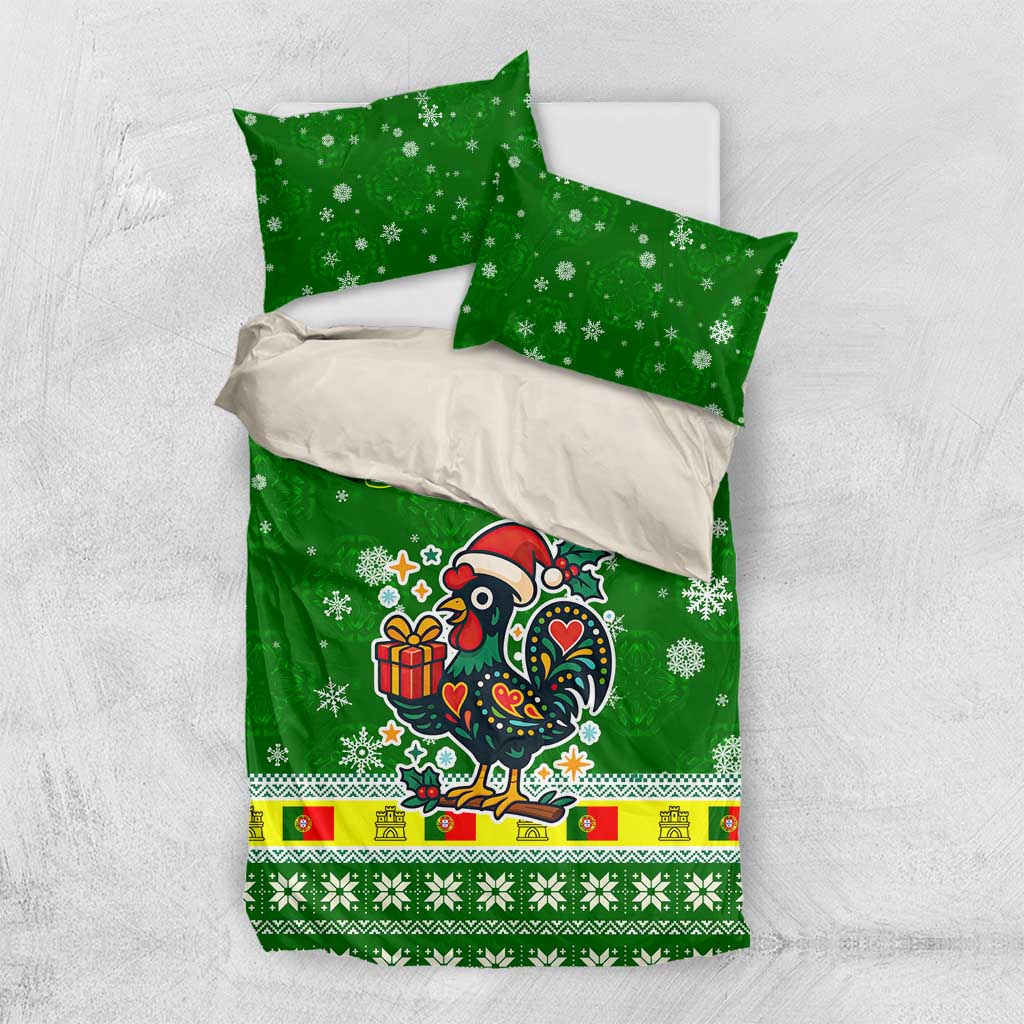 Portugal Christmas Bedding Set with Green Galo de Barcelos Rooster Santa Hat and Gift - Wonder Print Shop