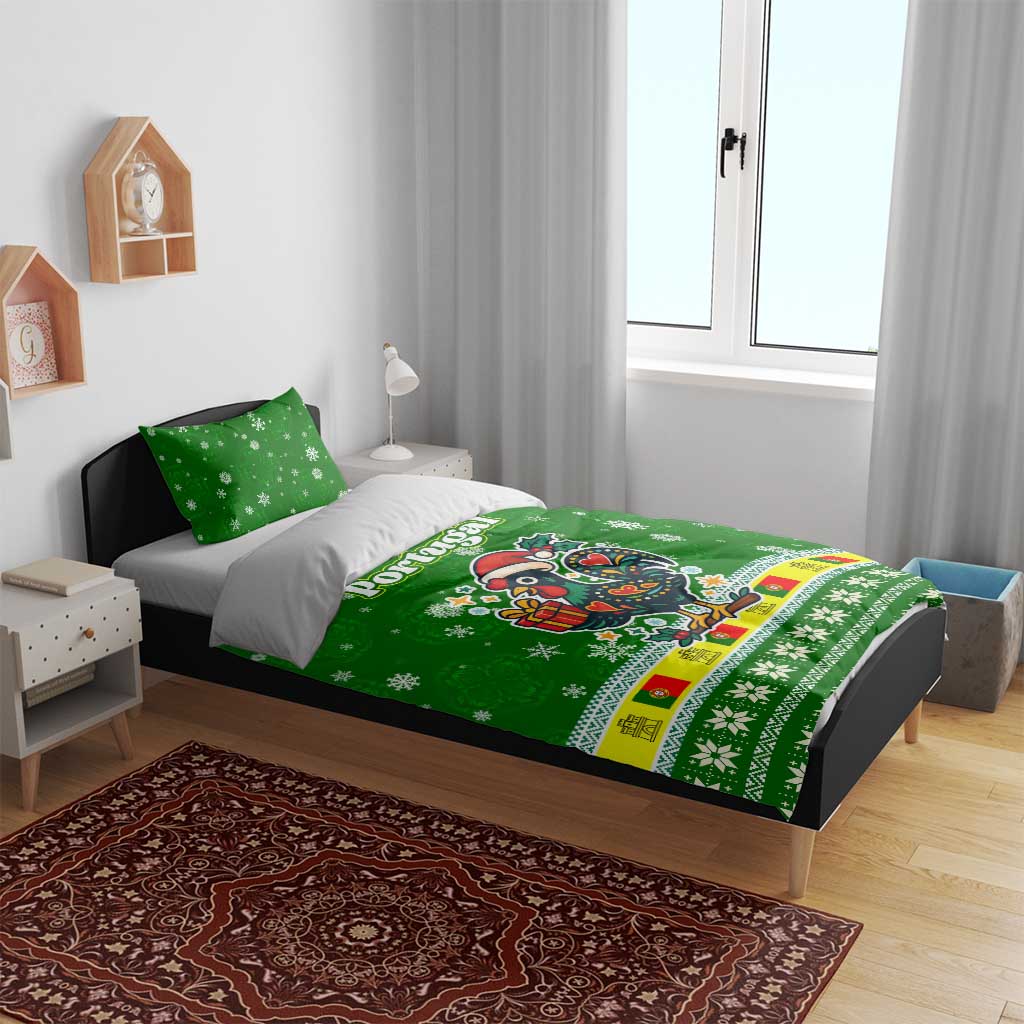 Portugal Christmas Bedding Set with Green Galo de Barcelos Rooster Santa Hat and Gift - Wonder Print Shop