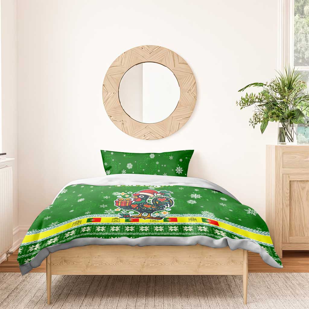 Portugal Christmas Bedding Set with Green Galo de Barcelos Rooster Santa Hat and Gift - Wonder Print Shop