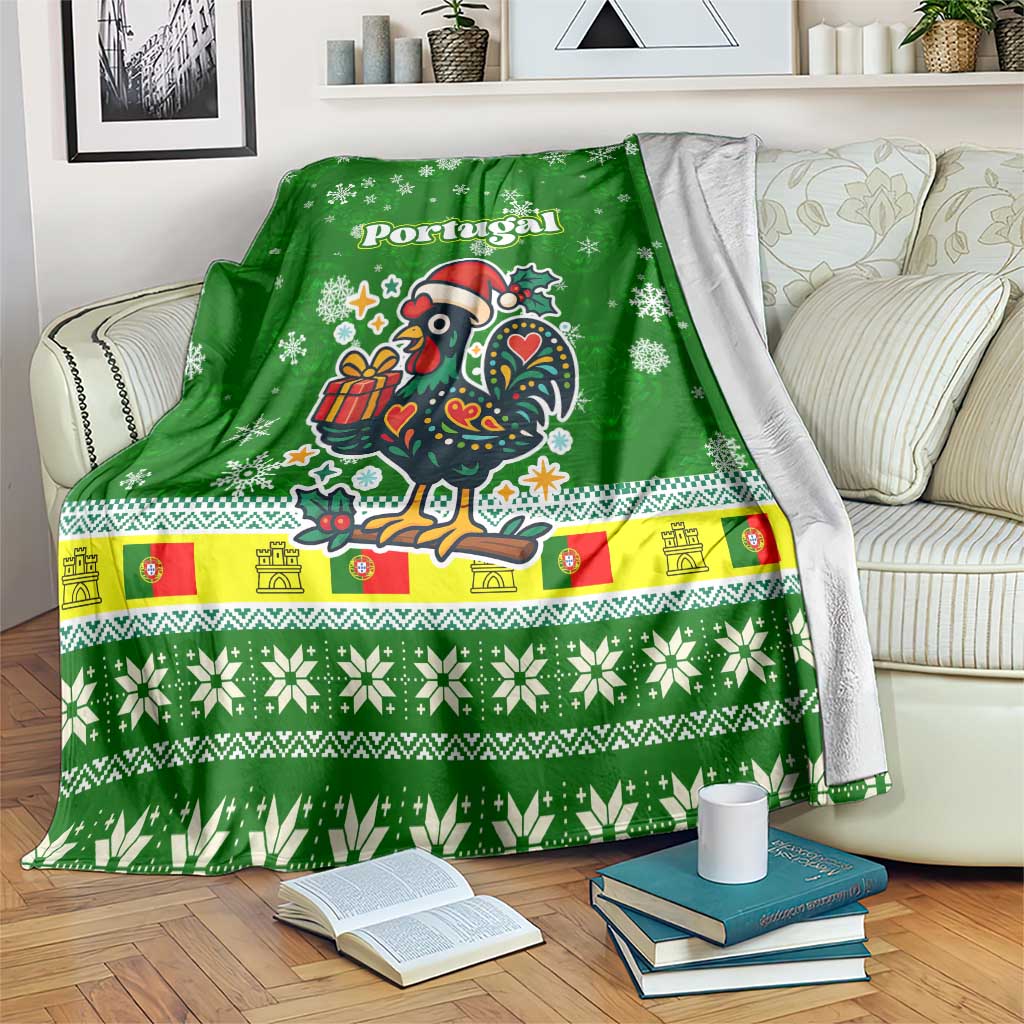 Portugal Christmas Blanket with Green Galo de Barcelos Rooster Santa Hat and Gift - Wonder Print Shop