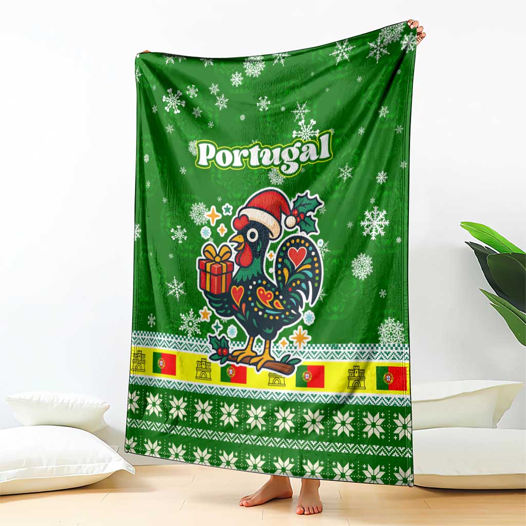 Portugal Christmas Blanket with Green Galo de Barcelos Rooster Santa Hat and Gift - Wonder Print Shop