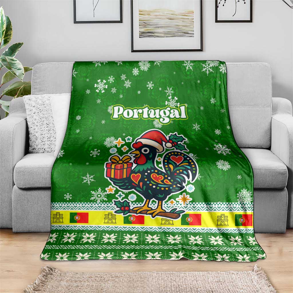 Portugal Christmas Blanket with Green Galo de Barcelos Rooster Santa Hat and Gift - Wonder Print Shop