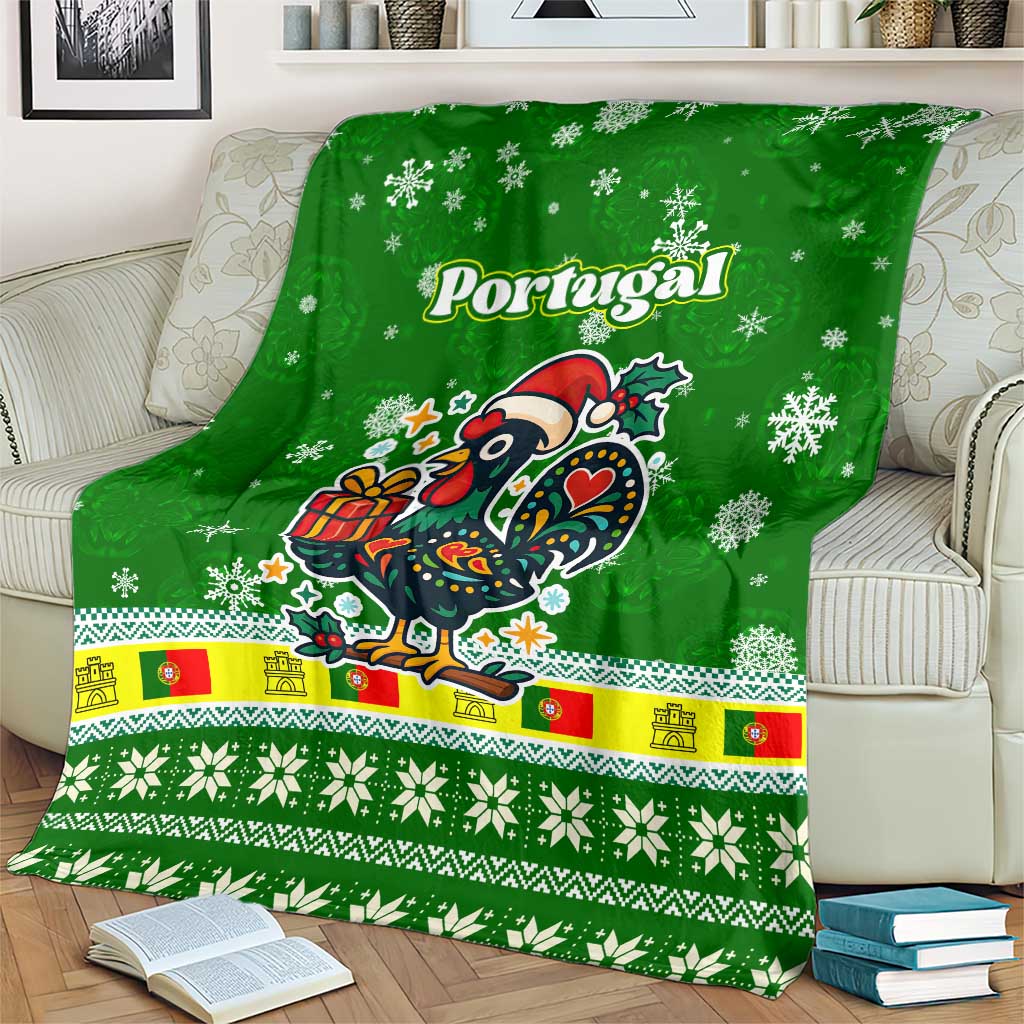 Portugal Christmas Blanket with Green Galo de Barcelos Rooster Santa Hat and Gift - Wonder Print Shop
