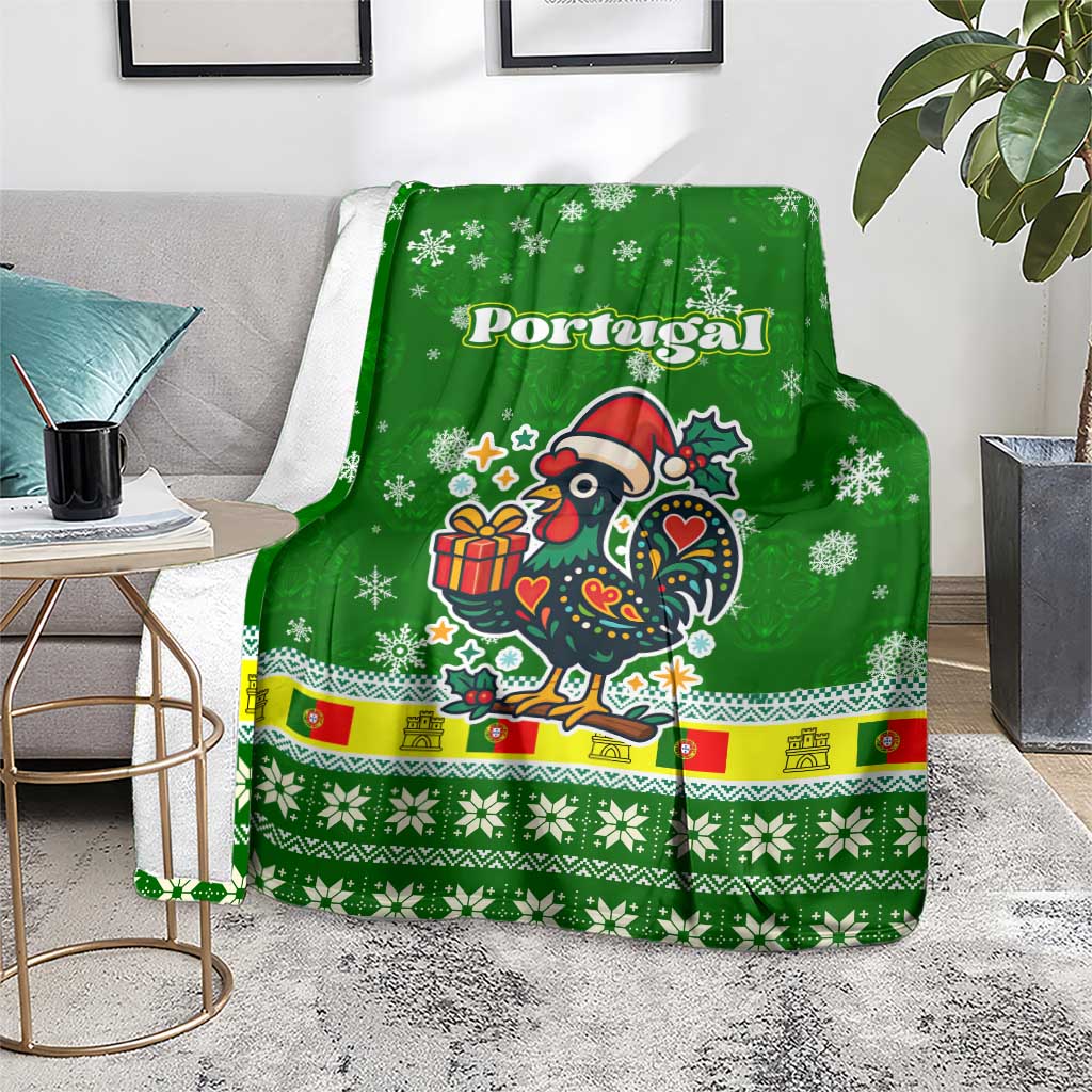 Portugal Christmas Blanket with Green Galo de Barcelos Rooster Santa Hat and Gift - Wonder Print Shop