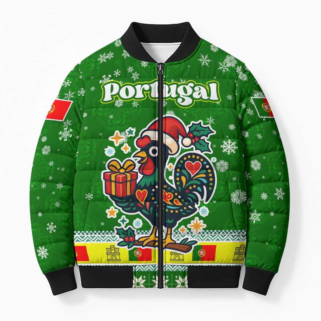 Portugal Christmas Bomber Puffer Jacket with Green Galo de Barcelos Rooster Santa Hat and Gift - Wonder Print Shop