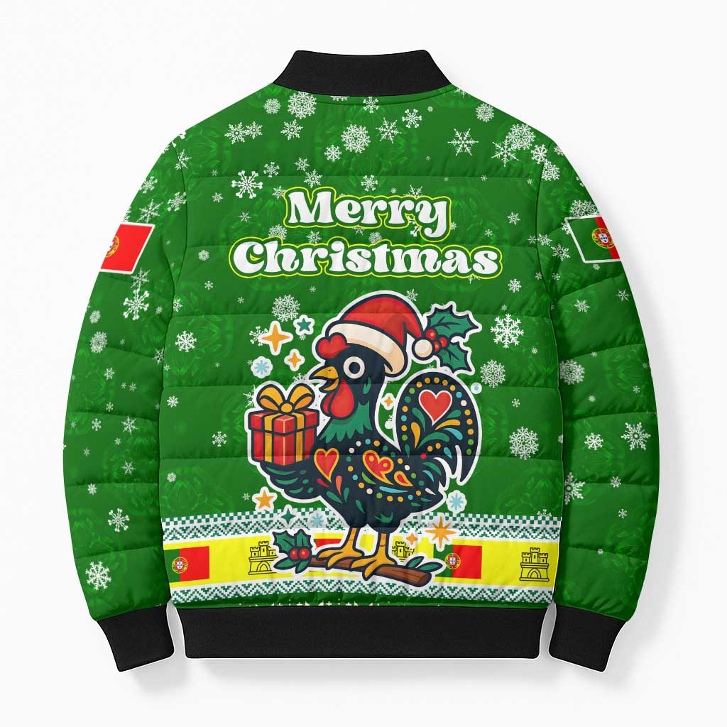 Portugal Christmas Bomber Puffer Jacket with Green Galo de Barcelos Rooster Santa Hat and Gift - Wonder Print Shop