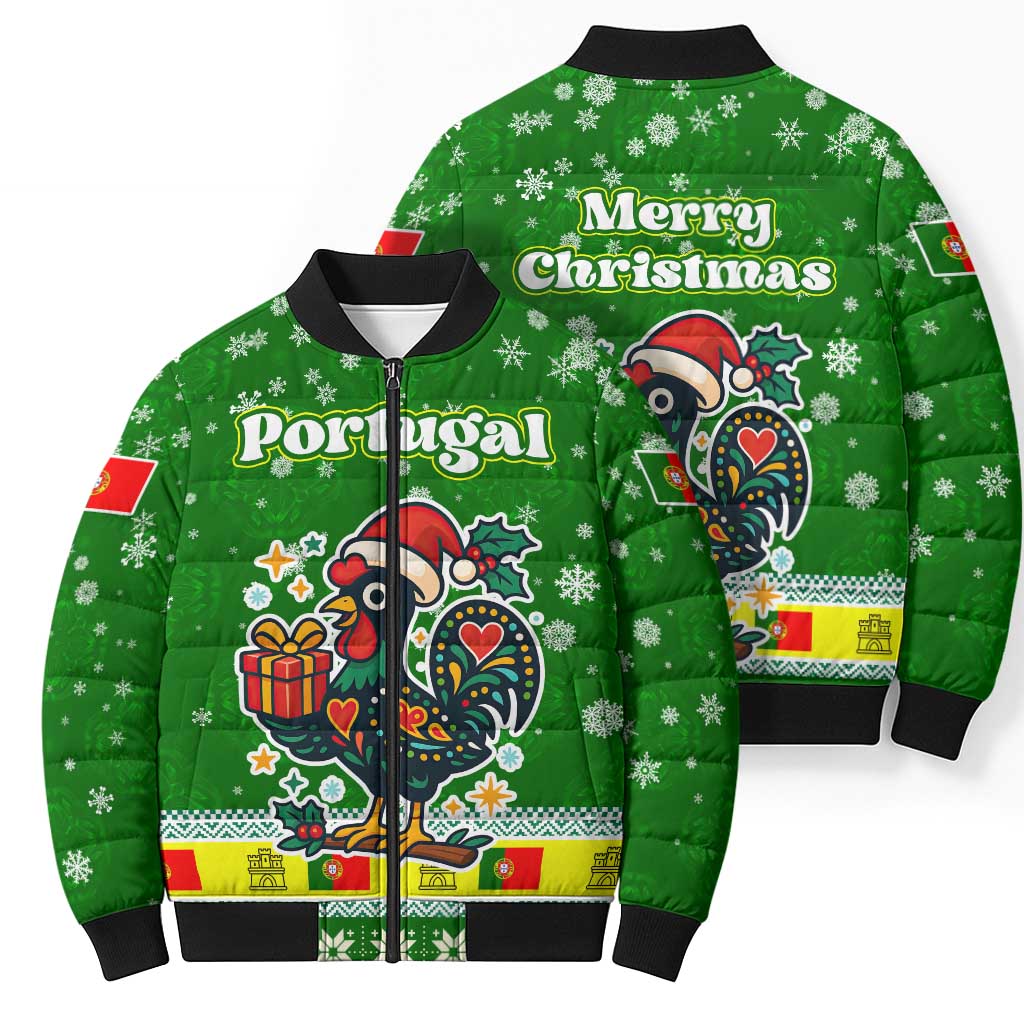 Portugal Christmas Bomber Puffer Jacket with Green Galo de Barcelos Rooster Santa Hat and Gift - Wonder Print Shop