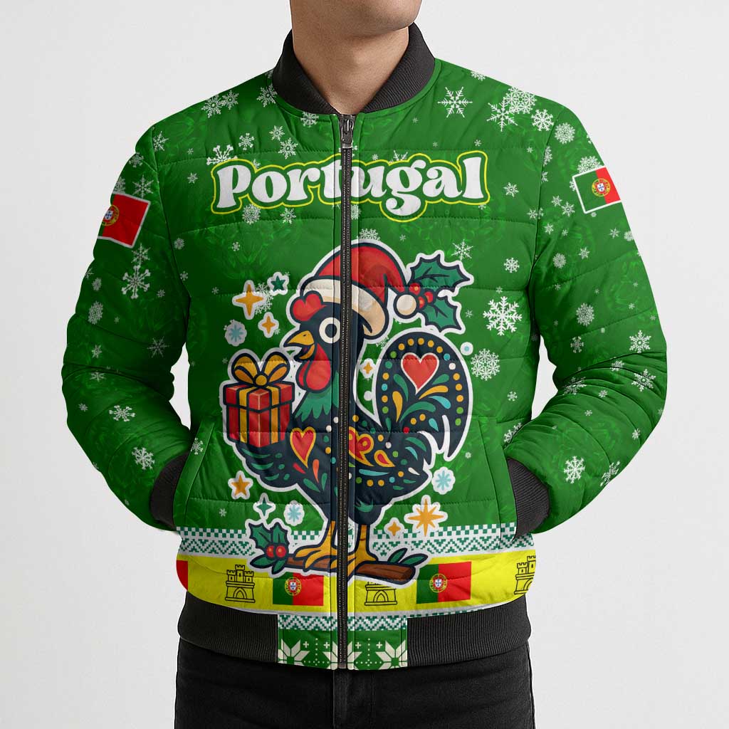 Portugal Christmas Bomber Puffer Jacket with Green Galo de Barcelos Rooster Santa Hat and Gift - Wonder Print Shop