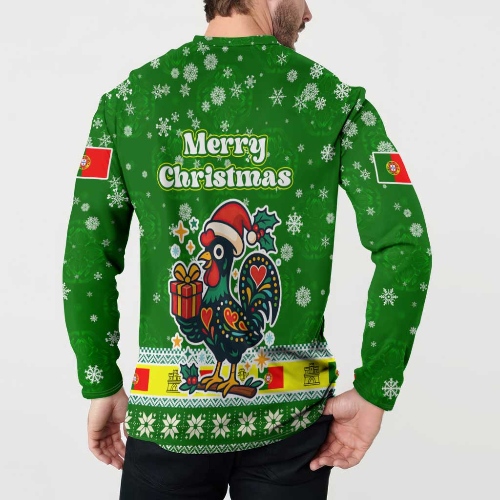 Portugal Christmas Button Sweatshirt with Green Galo de Barcelos Rooster Santa Hat and Gift - Wonder Print Shop