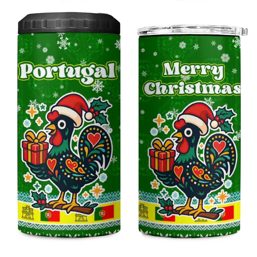 Portugal Christmas 4 in 1 Can Cooler Tumbler with Green Galo de Barcelos Rooster Santa Hat and Gift - Wonder Print Shop