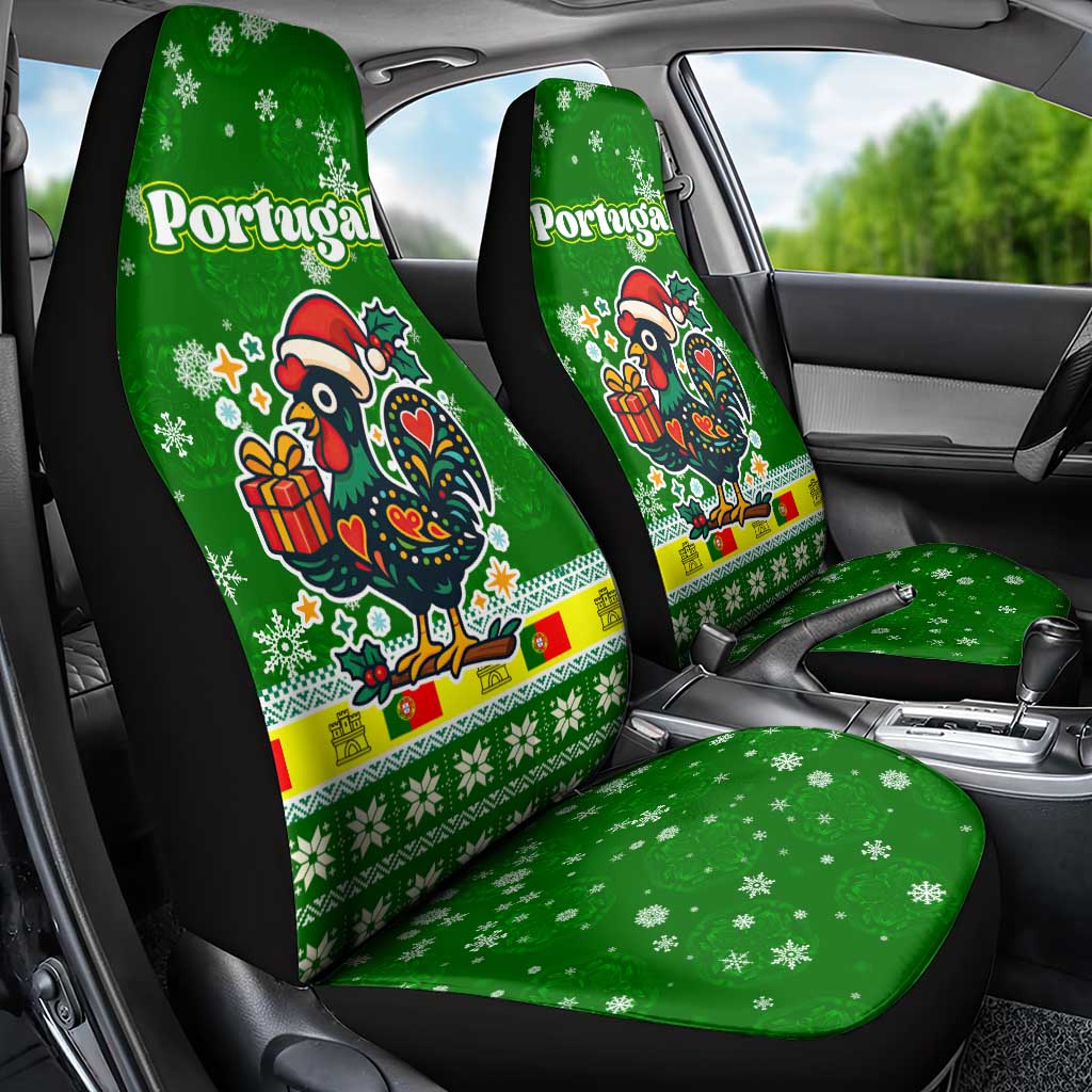 Portugal Christmas Car Seat Cover with Green Galo de Barcelos Rooster Santa Hat and Gift - Wonder Print Shop