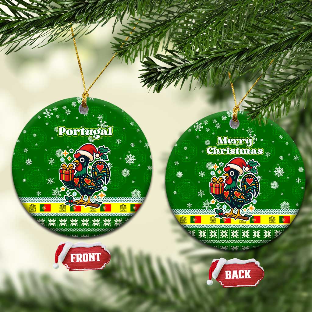 Portugal Christmas Ceramic Ornament with Green Galo de Barcelos Rooster Santa Hat and Gift - Wonder Print Shop