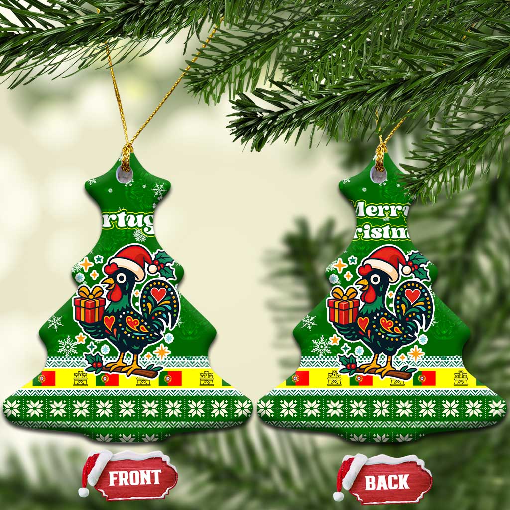 Portugal Christmas Ceramic Ornament with Green Galo de Barcelos Rooster Santa Hat and Gift - Wonder Print Shop