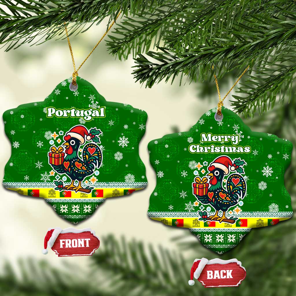 Portugal Christmas Ceramic Ornament with Green Galo de Barcelos Rooster Santa Hat and Gift - Wonder Print Shop