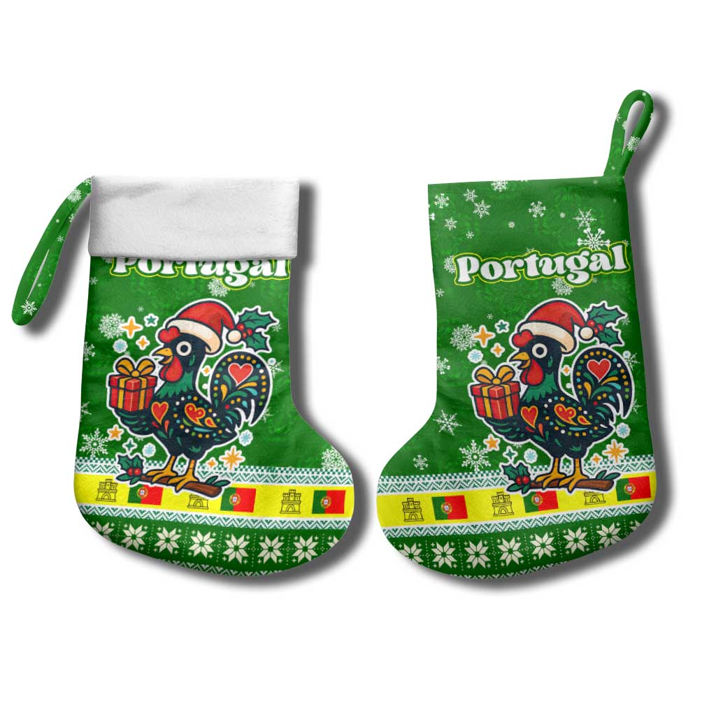 Portugal Christmas Stocking with Green Galo de Barcelos Rooster Santa Hat and Gift - Wonder Print Shop