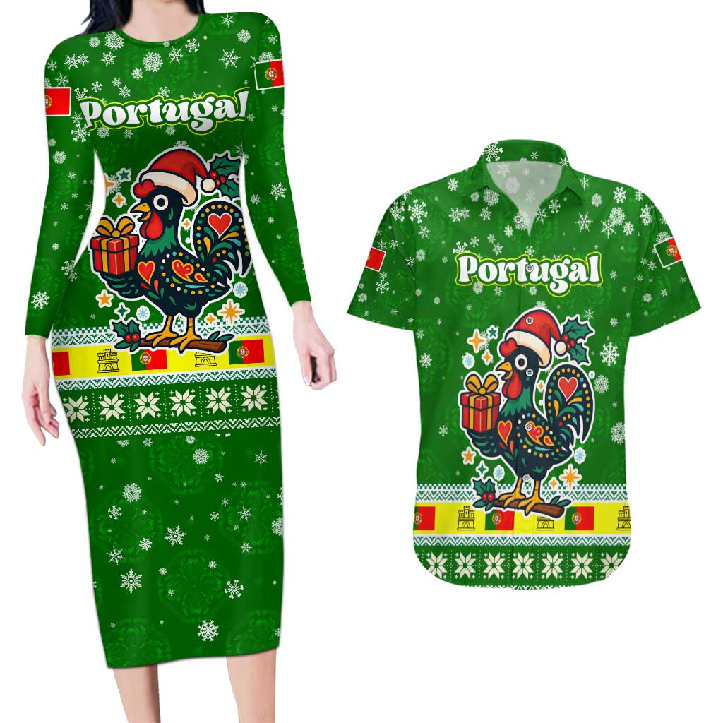 Portugal Christmas Couples Matching Long Sleeve Bodycon Dress and Hawaiian Shirt with Green Galo de Barcelos Rooster Santa Hat and Gift - Wonder Print Shop