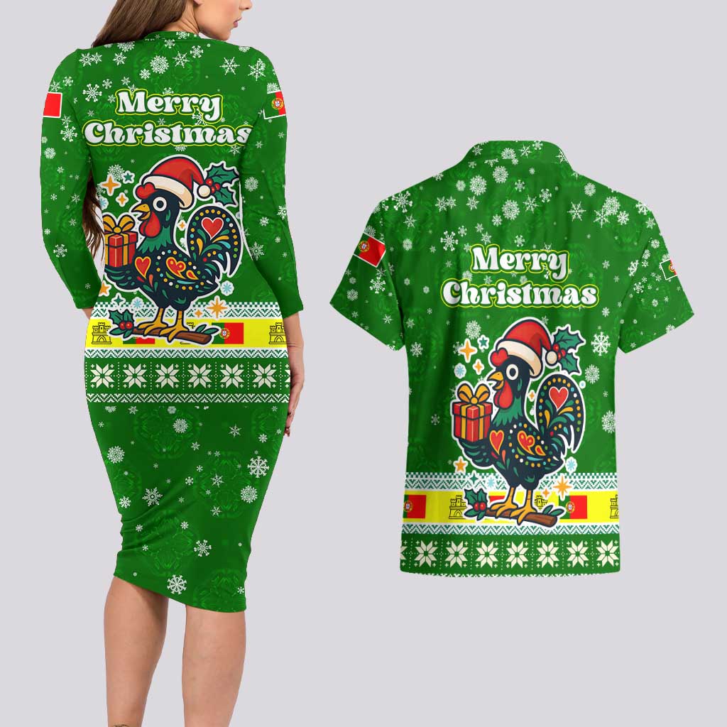 Portugal Christmas Couples Matching Long Sleeve Bodycon Dress and Hawaiian Shirt with Green Galo de Barcelos Rooster Santa Hat and Gift - Wonder Print Shop